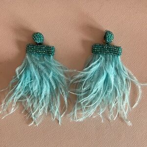 Turquoise Beaded & Feather Clip on Earrings.  New Without Tags